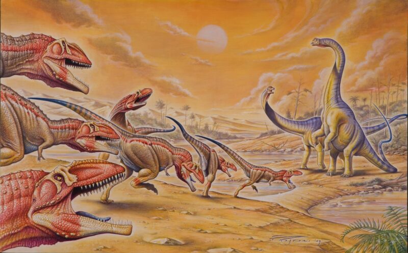 Mapusaurus & Argentinosaurus, Dinosaurier Poster von Fabio Pastori